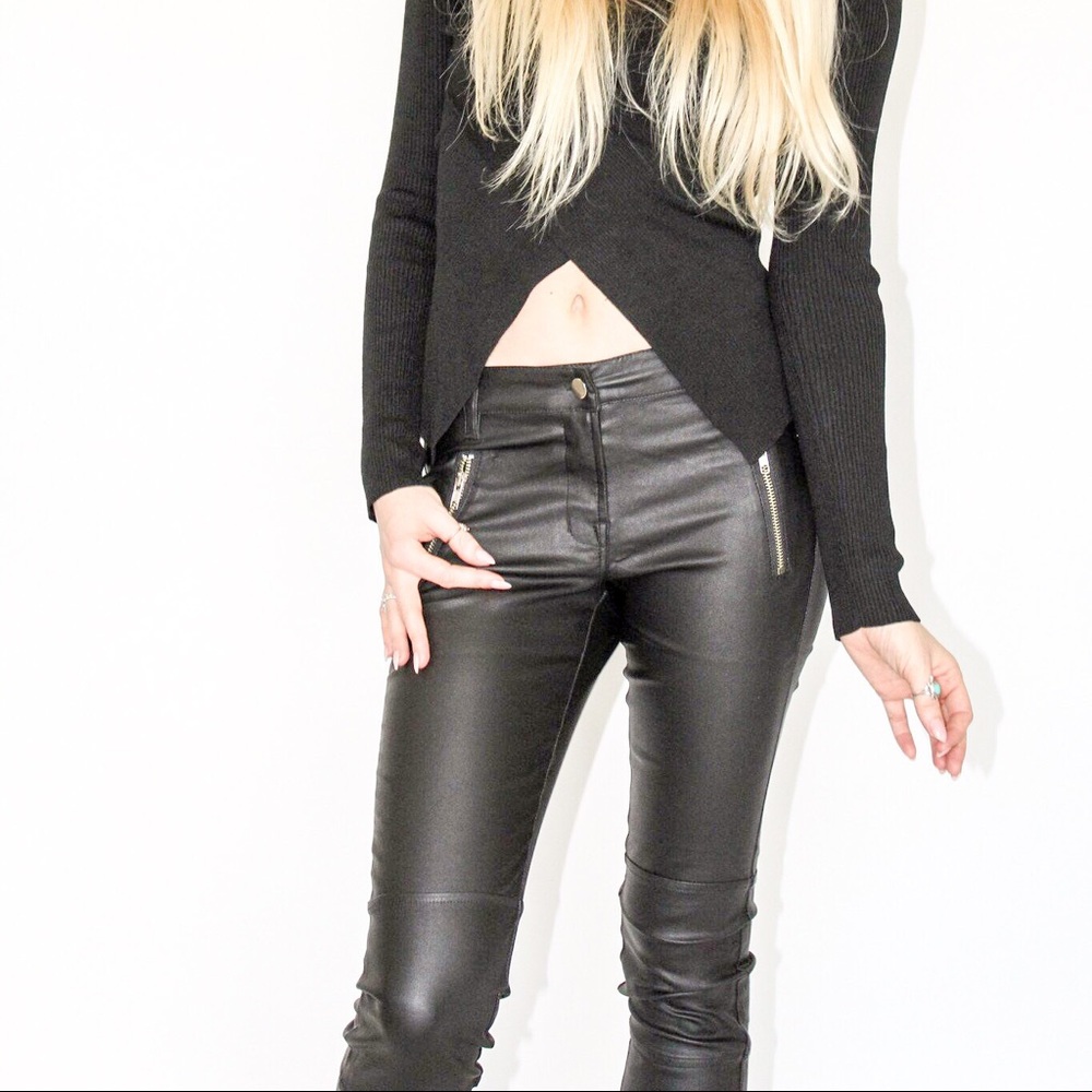 NEW-Leather look wax coated pant